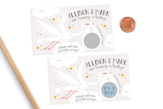 10 Custom Baby Gender Reveal Scratch Off Cards - Stork