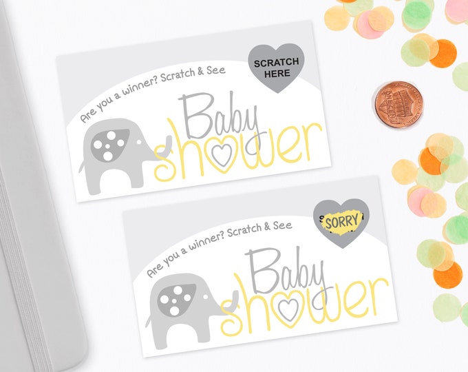 10 Yellow Baby Elephant Baby Shower Scratch Off Game Cards - Baby Shower Game