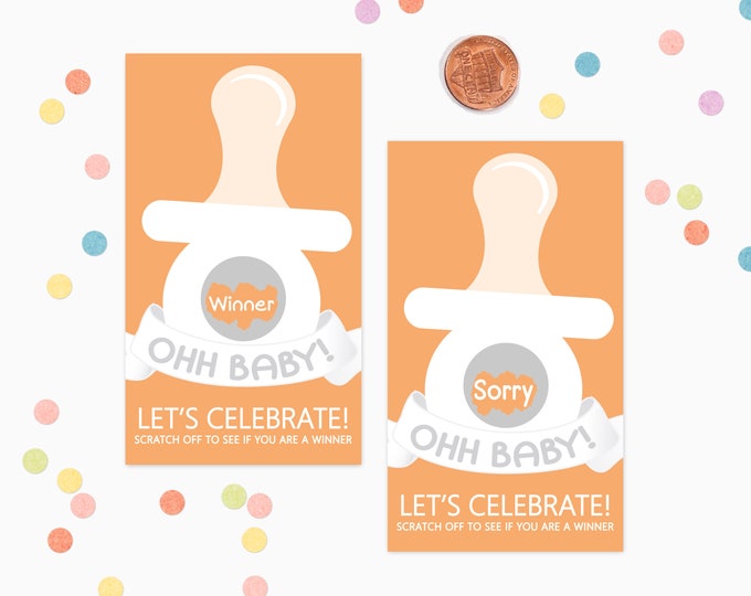 10 Tangerine Binky Scratch Off Game Cards - Baby Shower Game