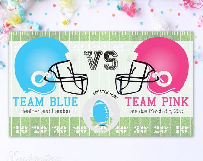 10 Custom Baby Gender Reveal Scratch Off Cards - Football Team Pink VS Team Blue