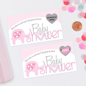 10 Pink Baby Elephant Baby Shower Scratch Off Game Cards - Baby Shower Game