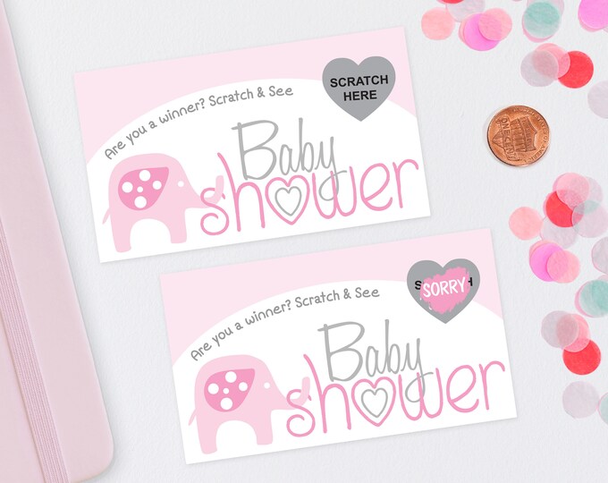 10 Pink Baby Elephant Baby Shower Scratch Off Game Cards - Baby Shower Game