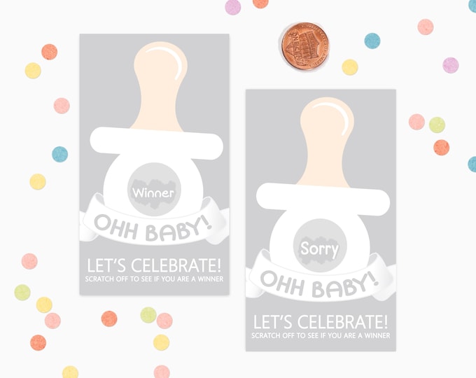 10 Grey Binky Scratch Off Game Cards - Baby Shower Game