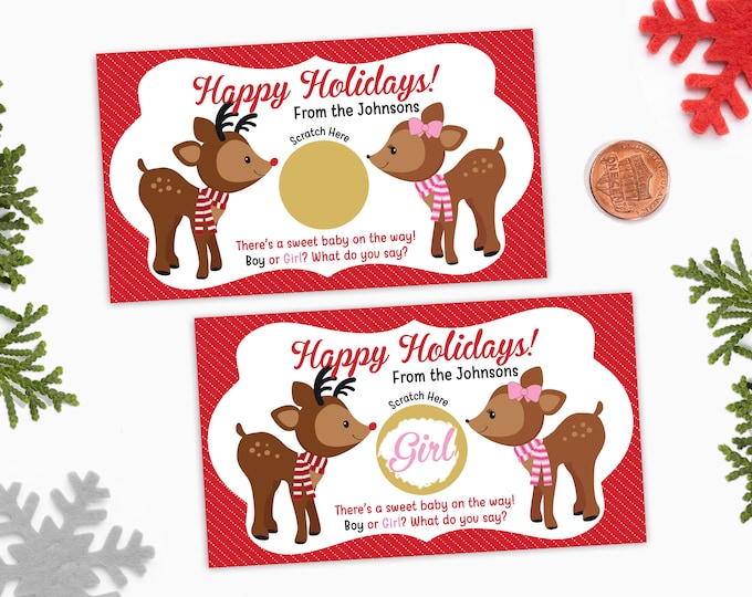 10 Custom Christmas Gender Reveal Scratch Off Cards - Happy Holidays Gender Reveal Greeting Card