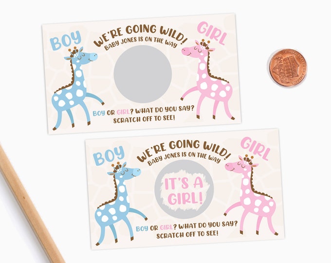 10 Custom Baby Gender Reveal Scratch Off Cards - Giraffe
