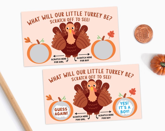 10 Baby Gender Reveal Scratch Off Cards - Little Turkey Thanksgiving Double Scratch Off