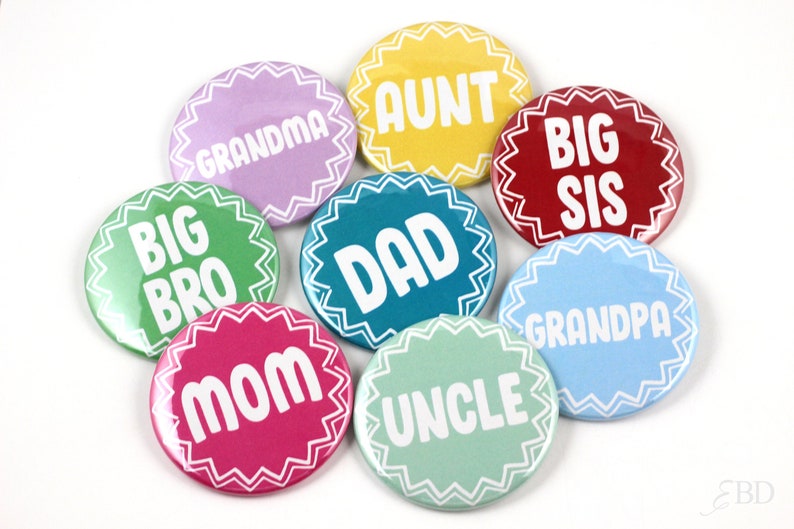 May include: Eight colorful round buttons with white text. The buttons read "Big Bro", "Mom", "Uncle", "Grandpa", "Big Sis", "Dad", "Grandma", and "Aunt".