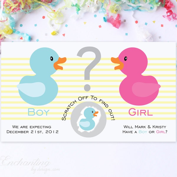 10 Custom Baby Gender Reveal Scratch Off Cards - Pink & Blue Rubber Ducks