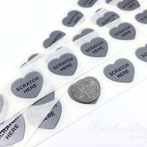 Silver Heart Scratch Here .70 inch scratch off stickers