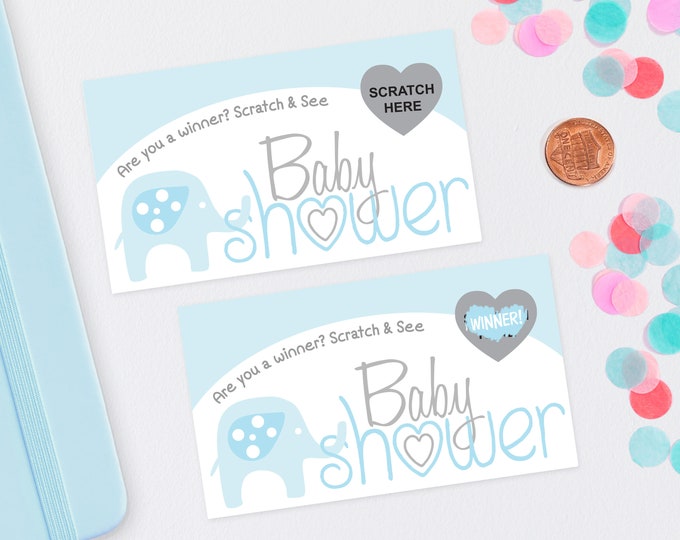 10 Blue Baby Elephant Baby Shower Scratch Off Game Cards - Baby Shower Game