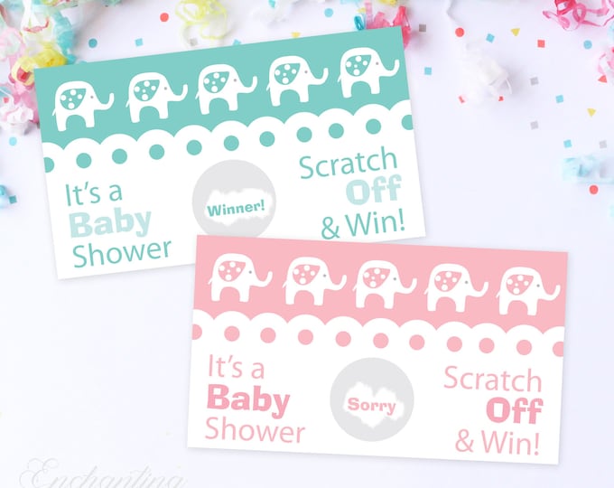 10 Blue or Pink Baby Elephant Baby Shower Scratch Off Game Cards - Baby Shower Game