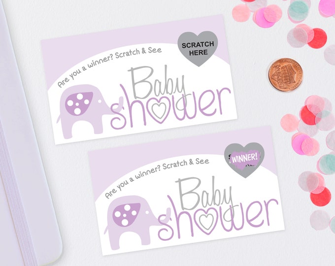 10 Purple Baby Elephant Baby Shower Scratch Off Game Cards - Baby Shower Game