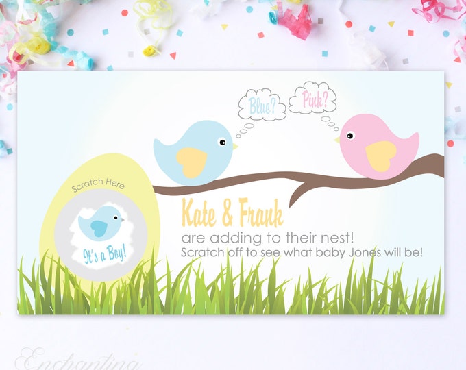 10 Custom Baby Gender Reveal Scratch Off Cards - Pink & Blue Spring Birds