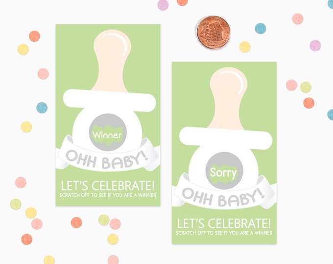 10 Green Binky Scratch Off Game Cards - Baby Shower Game