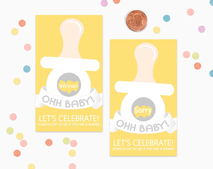 10 Yellow Binky Scratch Off Game Cards - Baby Shower Game