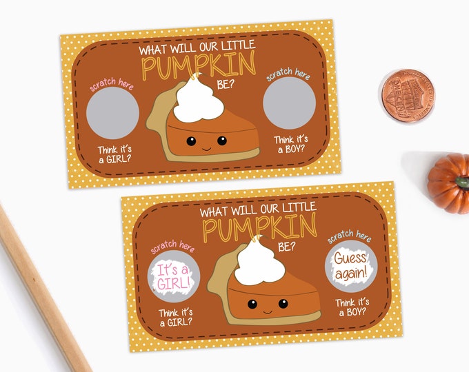 10 Baby Gender Reveal Scratch Off Cards - Little Pumpkin Pie Thanksgiving Double Scratch Off