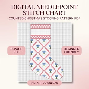 May include: A digital needlepoint stitch chart for a counted Christmas stocking pattern in a 9-page PDF. The design features a pink diamond grid with blue floral motifs on a white background, including a checkered cuff and instant download text.