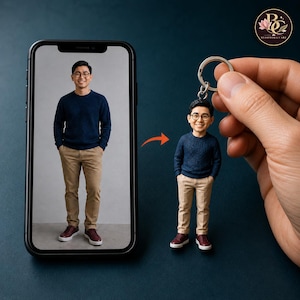 Puede incluir: Un teléfono inteligente muestra la foto de una persona con un suéter azul marino, pantalones color canela y gafas, junto a un llavero personalizado con una figura 3D en miniatura de la misma persona con la misma ropa, unido a una anilla de metal.