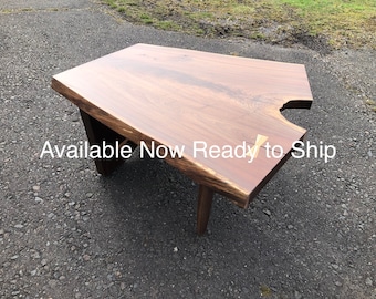 Coffee Table Mid Century , Live Edge Table , Natural Wood , George Nakashima , Hand Made Mid Century Modern Furniture , Dark Wood Table