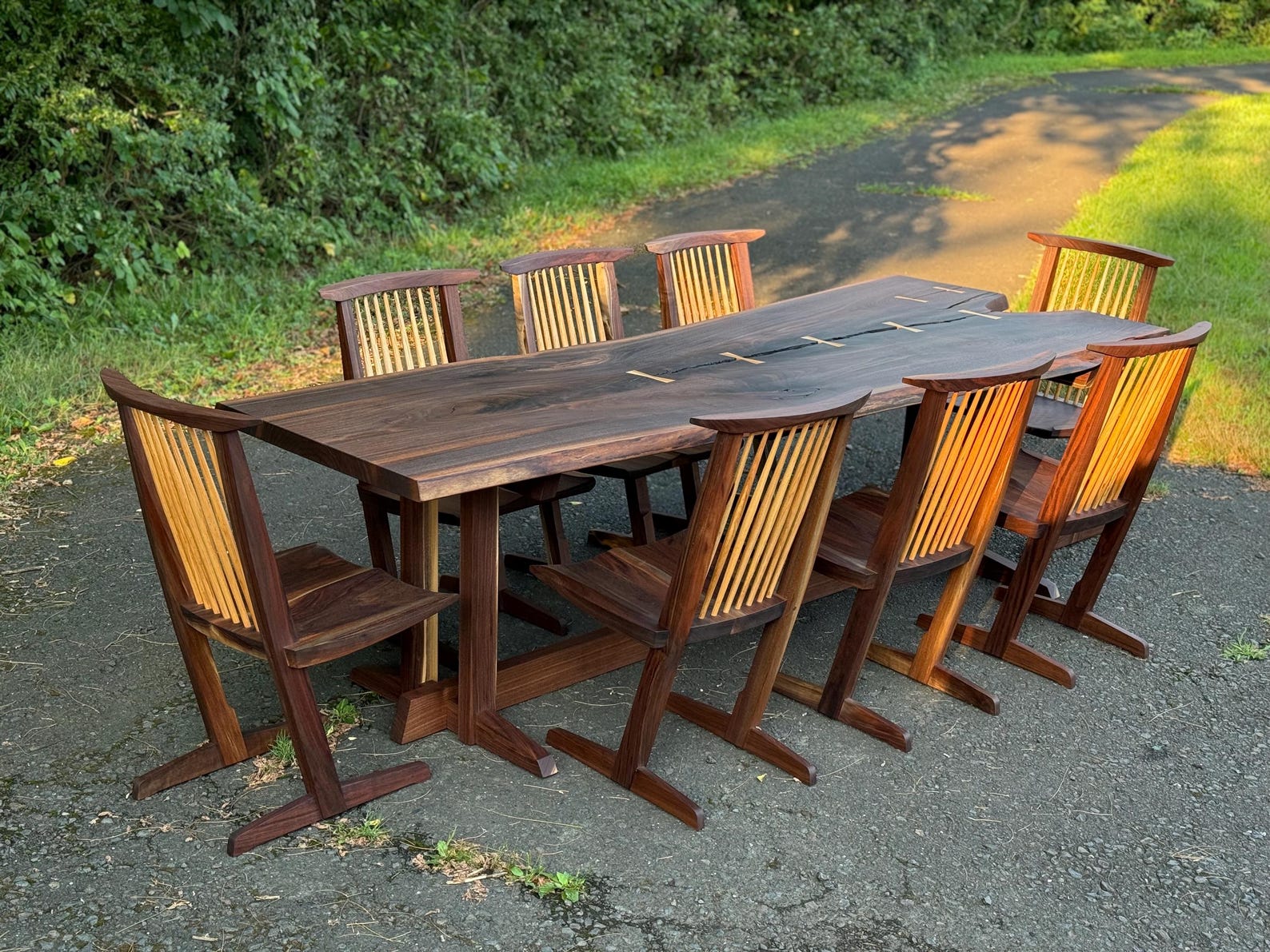 George Nakashima Style Walnut Live Edge Dining Table With Eight Conoid ...