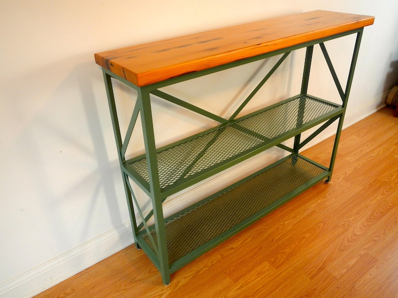 Industrial Hall or Sofa Table/Bookcase/Shelving Unit with Reclaimed Wood Top.Modern/Rustic/Urban /Vintage.Loft Decor ,Metal Console Table image 3