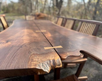 George Nakashima Style Walnut Live edge Dining Table with Eight Conoid Chairs