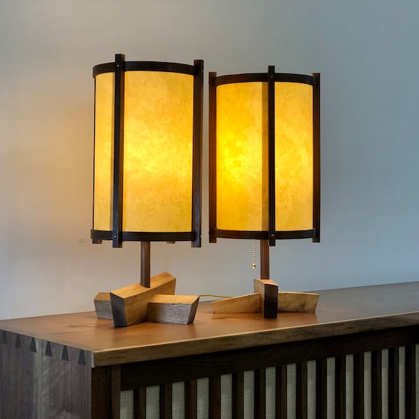 George Nakashima Inspired Lamps Pair / Mid Century Modern / Wood Lamps / Accent Lighting / Table Lamp / Desk Lamp / Retro Lamp