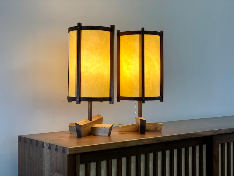 George Nakashima Inspired Lamps Pair / Mid Century Modern / Wood Lamps / Accent Lighting / Table Lamp / Desk Lamp / Retro Lamp image 1