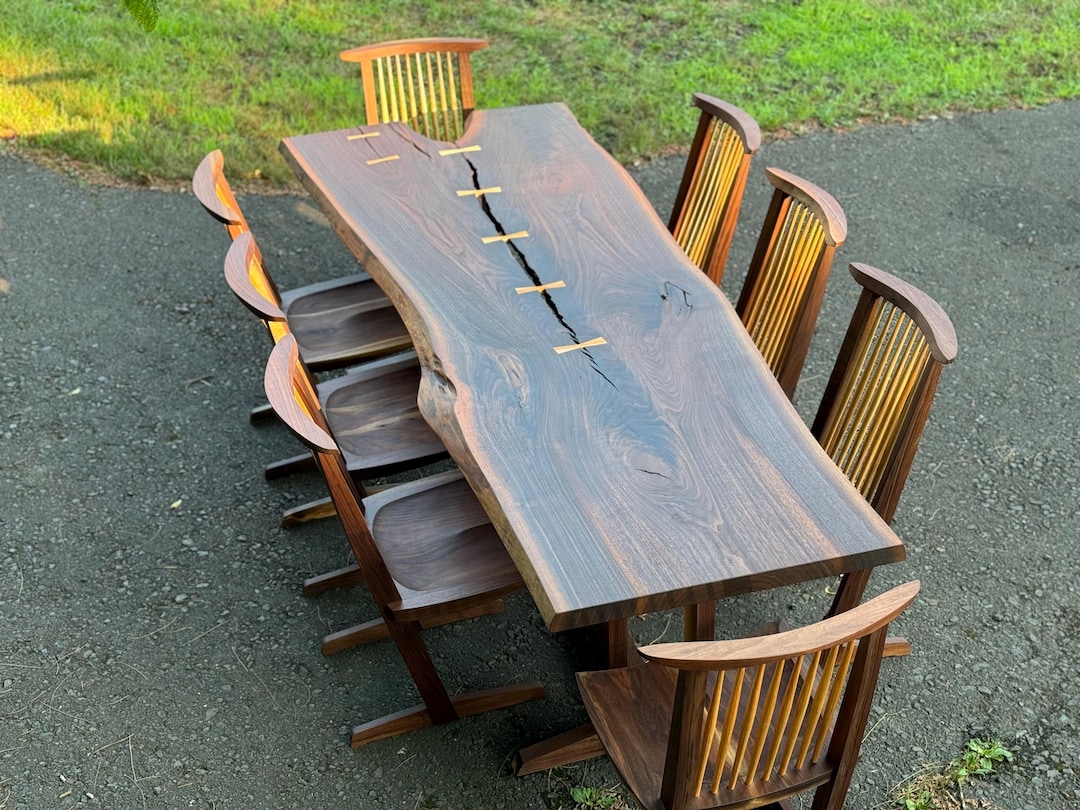 George Nakashima Style Walnut Live Edge Dining Table With Eight