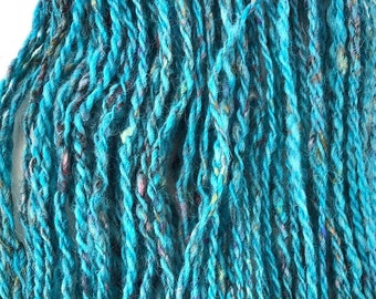 Handspun Art Yarn, 2 ply, Hand Dyed, Turquoise Wool, Sari Silk,  Gift for Knitting, Crochet, or Weaving, 2.9 oz , 96 yds, Free Ball Winding