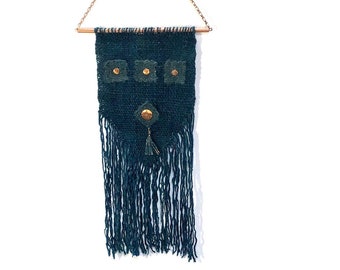 Wall Hanging, Handwoven, HandSpun Yarn, Tapestry Mix Media Collage, “Desert Blue” with Vintage Copper