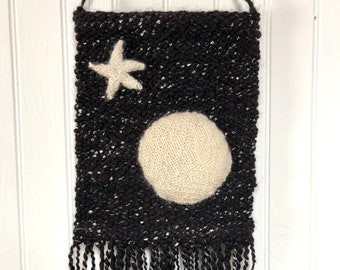 Moon & Star, Wall Hanging, Handwoven, Hand Spun Yarn, Celestial, Tapestry, Mix Media Collage, Gift for the Home