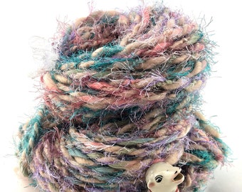 Super Bulky, Super Fun, Art Yarn , Handspun Wool, Eyelash, Pink and Turquoise, Knitting, Crochet, Weaving, 90 yds, 11 oz