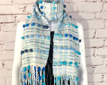 Handwoven Scarf, Cotton Chenille, Fiberart Scarf, Pom-Pom, Jean Jacket Scarf, Spring, Summer, Mother's Day Gift