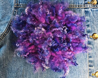 Deep Purple, Round Wall Decor, Sheep Fleece, PUFF, Statement Brooch, Fiber Art,  Wall Hanging, Fascinator, Gift for Home, Gift for Mom