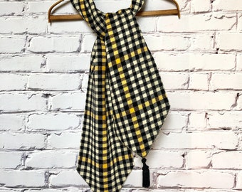 Reversible Long Wool & Cotton Scarf, Black, Yellow Plaid, Tassels, Unisex Scarf, Stole, Sustainable  Fashion, Great GIFT!