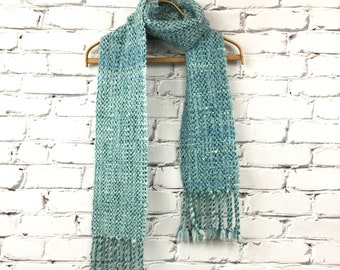 Sky Blue, Handwoven Scarf, made with Light Blue Hand Spun Yarn, Jean Jacket Scarf, Great GIFT!