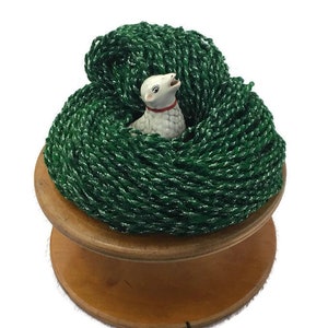 Hand Spun, Art Yarn, 3 ply, Glittery Metallic Thread & Green Wool, Handspun, Knitting, Crochet, Weaving Supply, o1 image 4