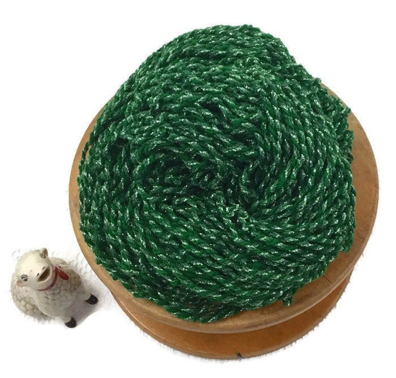 Hand Spun, Art Yarn, 3 ply, Glittery Metallic Thread & Green Wool, Handspun, Knitting, Crochet, Weaving Supply, o1 image 2