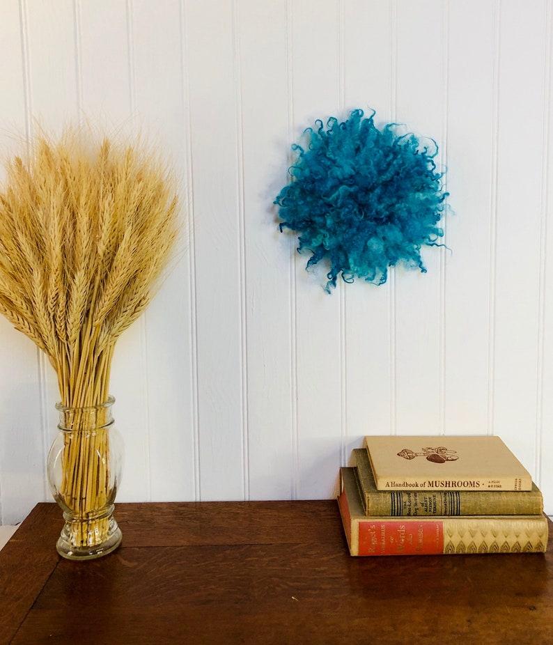 Turquoise Blue, Round Wall Decor, Sheep Fleece, PUFF, Statement Brooch, Fiber Art, Wall Hanging, Fascinator, Gift for Home, Gift for Mom image 2