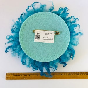 Turquoise Blue, Round Wall Decor, Sheep Fleece, PUFF, Statement Brooch, Fiber Art, Wall Hanging, Fascinator, Gift for Home, Gift for Mom image 5