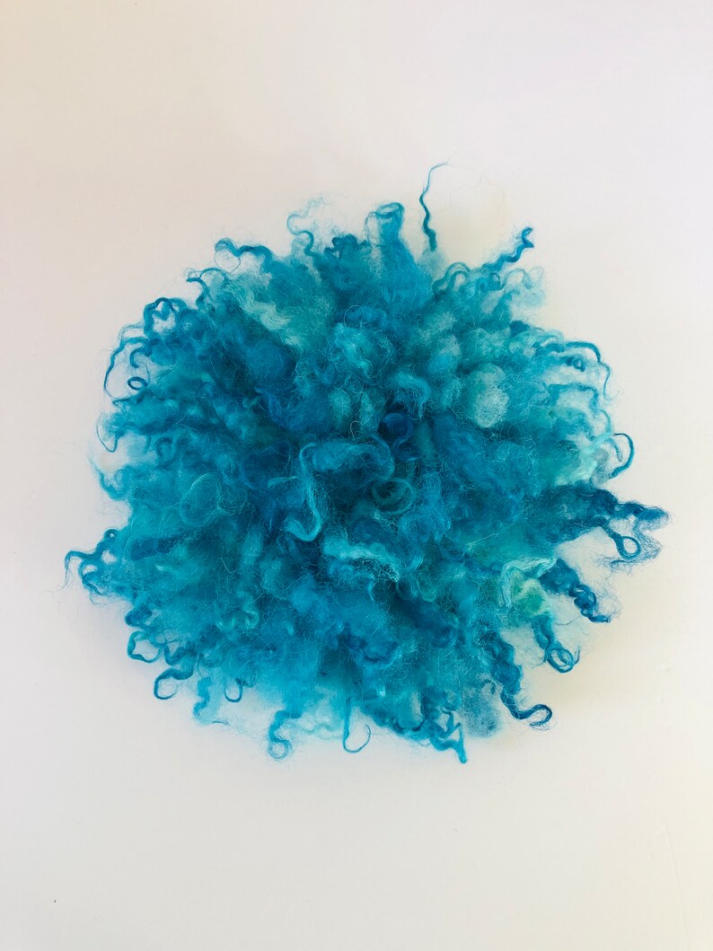 Turquoise Blue, Round Wall Decor, Sheep Fleece, PUFF, Statement Brooch, Fiber Art, Wall Hanging, Fascinator, Gift for Home, Gift for Mom image 6