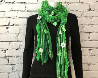 Green Scarf, Long Green with Flowers, Hand Woven, Fiber Art, Boa, Art Yarn, Wearable Art, Gypsy Boho, Daisy Chain, Great GIFT!