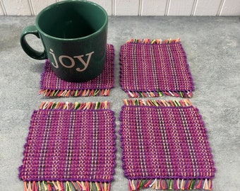 Large Coaster, Set of 4, Purple with Rainbow Stripes, Mug Rugs, HANDWOVEN, Plant Mat, Mini Placemat, Great Gift for Home!