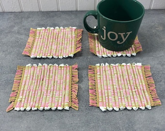 Large Coaster, Set of 4, White,  Pink, & Green, Mug Rugs, HANDWOVEN, Plant Mat, Mini Placemat, Great Gift for Home!
