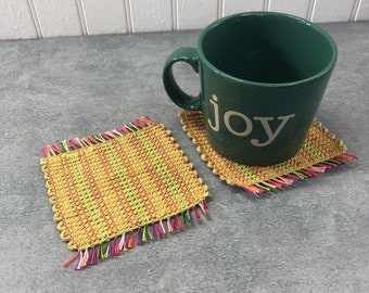 Large Coaster, Set of 2,  Mug Rugs, HANDWOVEN, Great Plant Mat or Gift for the Home, Pale Green with Rainbow Stripes