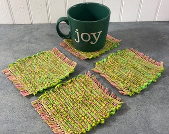 Large Coaster, Set of 4,  Mug Rugs, Bright Green, HANDWOVEN, Plant Mat, Mini Placemat, Great Gift for Home!