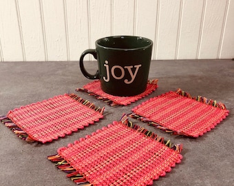 Large Coaster, Set of 4, Salmon Pink with Rainbow Stripes, Mug Rugs, HANDWOVEN, Plant Mat, Mini Placemat, Great Gift for Home!