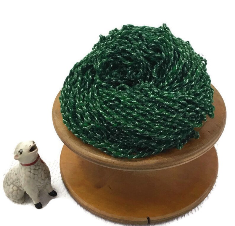 Hand Spun, Art Yarn, 3 ply, Glittery Metallic Thread & Green Wool, Handspun, Knitting, Crochet, Weaving Supply, o1 image 7