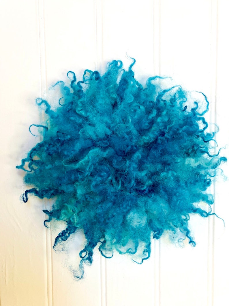 Turquoise Blue, Round Wall Decor, Sheep Fleece, PUFF, Statement Brooch, Fiber Art, Wall Hanging, Fascinator, Gift for Home, Gift for Mom image 1